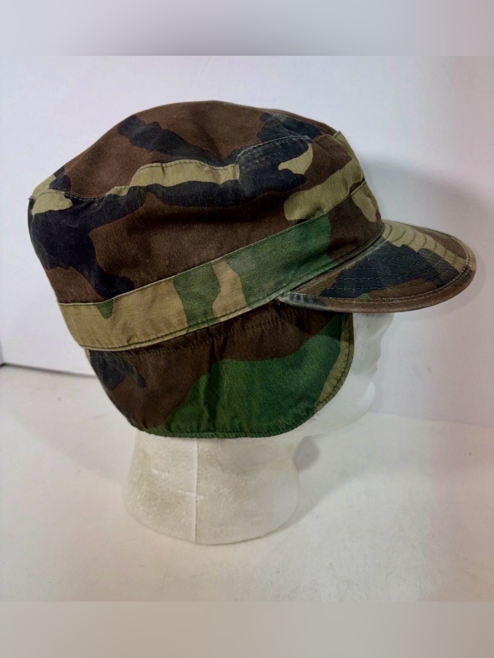 Vtg 80s US Military Woodland Camo Cold Weather Patrol Cap Ear Flap Sz 7 1/2” BDU